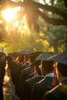 grande procissão através a universidade campus, silhuetas do graduados dentro morteiros. suave difuso luz solar banha cena dentro caloroso brilho foto