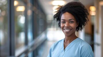 jovem Preto médico dentro azul esfoliantes, sorridente olhando dentro Câmera, retrato do mulher médico profissional, hospital médico, confiante praticante ou cirurgião às trabalhar. borrado fundo foto