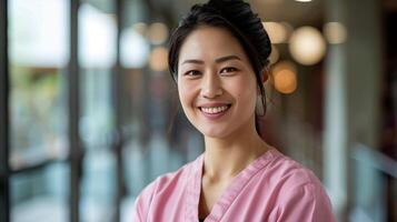 ásia fêmea médico dentro suave Rosa esfoliantes, sorridente olhando dentro Câmera. médico profissional, hospital médico, confiante praticante ou cirurgião às trabalhar. grande janelas borrado fundo foto