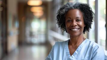 Preto fêmea médico dentro azul esfoliantes, sorridente olhando dentro Câmera, retrato do mulher médico profissional, hospital médico, confiante praticante ou cirurgião às trabalhar. borrado fundo foto