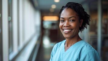 Preto fêmea médico dentro azul esfoliantes, sorridente olhando dentro Câmera, retrato do mulher médico profissional, hospital médico, confiante praticante ou cirurgião às trabalhar. borrado fundo foto