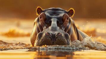 hipnotizante retrato do hipopótamo dentro Está natural habitat, sentido do tranquilidade Como isto olhares fixos calmamente às Câmera, sentado dentro águas do sub saariano África. beleza do animais selvagens, turismo conceito foto