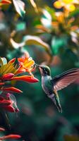 vibrante beija Flor paira perto uma colorida flor contra uma borrado fundo, capturando a essência do da natureza beleza e animais selvagens. simbolizando inteligência, beleza, devoção, e amor foto