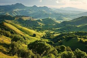 lindo Visão do a verde montanhoso vale. gerado de artificial inteligência foto