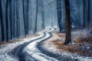 uma inverno panorama com uma floresta caminho. . foto