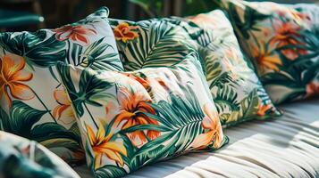 acolhedor sofá almofadas com floral motivos. foto