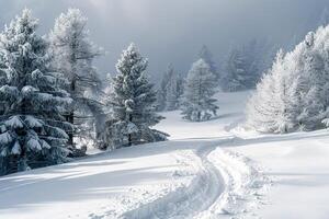 uma inverno panorama com uma floresta caminho. . foto