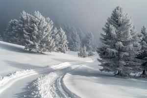 uma inverno panorama com uma floresta caminho. . foto