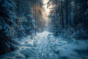 uma inverno panorama com uma floresta caminho. . foto