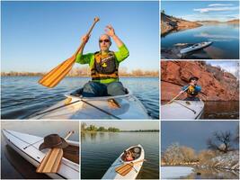 remar uma enfeitado expedição canoa em lagos e rios dentro Colorado foto