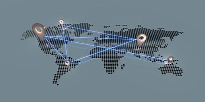 pino no mapa mundial tons escuros e pinos brilhantes comunicação empresarial global ilustração 3D foto