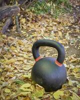 kettlebell dentro uma outono cenário - quintal ginástica foto