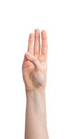 mão mostrando 3 dedos acima isolado em branco fundo foto