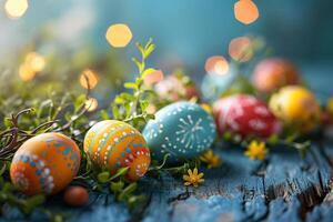 lindo decorado Páscoa ovos em uma azul de madeira superfície. Páscoa composição, topo visualizar. foto