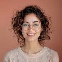 retrato do jovem mulher com sucintamente cabelo e vestem óculos em pêssego fundo foto