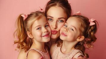 jovem mãe com dois filhas isolado em Rosa fundo foto