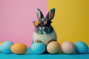 uma Coelho vestindo uma oculos de sol surge a partir de a grande ovo com lindo colorida cartuchos em uma plano cor fundo. foto