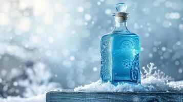 uma azul Gin garrafa com um de madeira superfície dentro uma Nevado fundo. gerado de artificial inteligência. foto