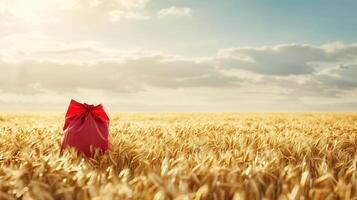 uma vermelho fertilizante saco é colocada em uma dourado trigo campo. a Sol é brilhando, começando do outono, campo, Boa colheita, pequeno orelhas do trigo dentro a distância. foto