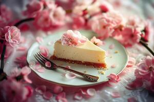 uma peça do bolo de queijo descansos em uma branco prato com Rosa flores em a fundo foto