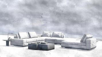uma branco sofá e uma café mesa estão mostrando dentro uma quarto foto