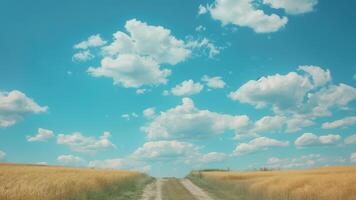 estrada dentro trigo campo e azul céu com nuvens - retro vintage estilo foto