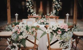 cadeira com flor decoração visto a partir de atrás, Casamento conceito foto