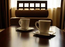 branco chá louça em Castanho chá mesa foto