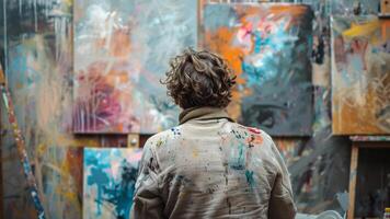 jovem artista pintura uma cenário em tela de pintura dentro dele estúdio. foto
