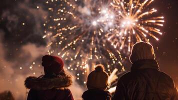 feliz família assistindo fogos de artifício dentro a noite céu. Natal e Novo ano conceito foto