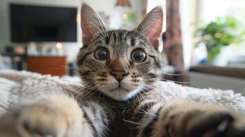 fofa malhado gatinho deitado em sofá e olhando às Câmera, selfie foto