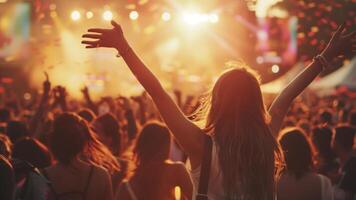 jovem mulher dançando às uma música festival e tendo Diversão com elevado mãos foto