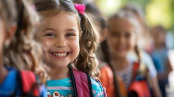 retrato do sorridente estudante com colegas de classe dentro fundo às elementar escola foto