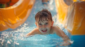 feliz pequeno Garoto tendo Diversão dentro natação piscina às Parque aquático. verão período de férias conceito foto