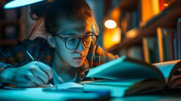 estudante fazendo dever de casa dentro biblioteca às noite. Educação e conhecimento conceito. foto
