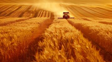 ai gerado foto do colheitadeira trabalhando dentro uma trigo campo. gerado de artificial inteligência.