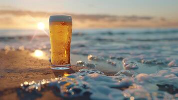 ai gerado uma vidro do Cerveja este parece muito legal em a praia, ensolarado clima. gerado de artificial inteligência. foto
