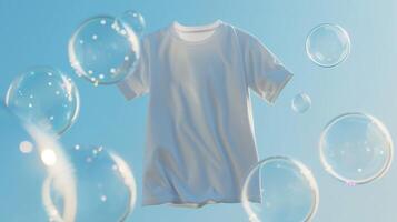 ai gerado uma branco camiseta flutua dentro a ar, cercado de transparente bolhas em uma luz céu azul fundos. gerado de artificial inteligência. foto