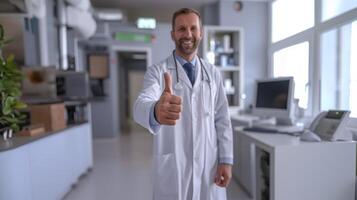 ai gerado uma masculino médico dando uma polegar acima. hospital, veterinário, borrão. gerado de artificial inteligência. foto