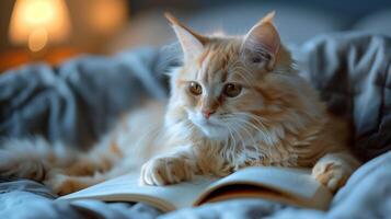 ai gerado uma fofa gato deitado em a cama, com uma livro debaixo Está patas. a pequeno gatinho com branco grandes pelagem. gerado de artificial inteligência. foto