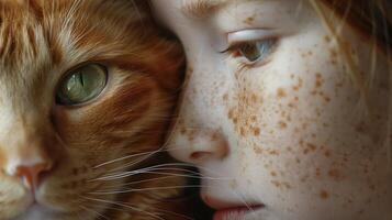 ai gerado uma fechar-se retrato do a laranja gato com branco pontos, Próximo para uma jovem sardento garota. gerado de artificial inteligência. foto