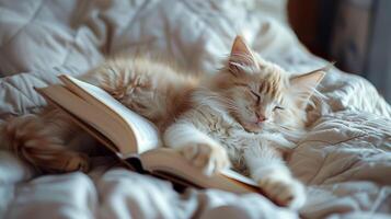 ai gerado uma fofa gato deitado em a cama, com uma livro debaixo Está patas. a pequeno gatinho com branco grandes pelagem. gerado de artificial inteligência. foto