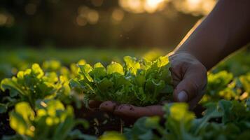 ai gerado uma agricultores mãos colheita a vibrante verde alface folhas contra a pano de fundo do iluminado pelo sol Campos. gerado de artificial inteligência. foto