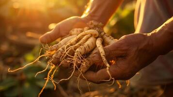 ai gerado ginseng raízes dentro a mãos do uma agricultor, caloroso luz solar, fechar-se tomada. gerado de artificial inteligência. foto