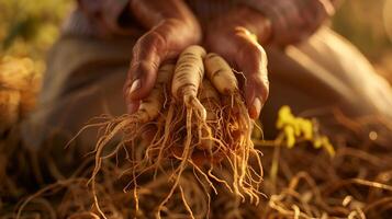 ai gerado ginseng raízes dentro a mãos do uma agricultor, caloroso luz solar, fechar-se tomada. gerado de artificial inteligência. foto