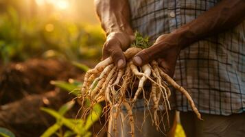ai gerado ginseng raízes dentro a mãos do uma agricultor, caloroso luz solar, fechar-se tomada. gerado de artificial inteligência. foto