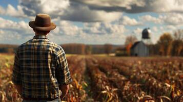 ai gerado uma agricultor olhando para a plantações. campo panorama a partir de a voltar. gerado de artificial inteligência. foto