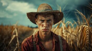 ai gerado uma jovem Bravo francês agricultor. a campo panorama a partir de a voltar. gerado de artificial inteligência. foto