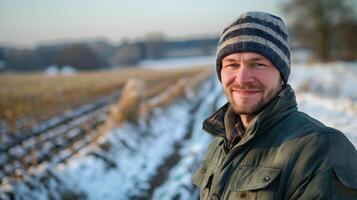 ai gerado uma agricultor em pé em uma inverno campo. dica do uma sorriso, olhando para dentro Câmera, atrasado tarde. gerado de artificial inteligência. foto