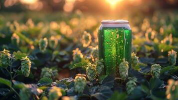 uma verde pode do Cerveja dentro uma pulo campo, baixo ângulo visualizar. gerado de artificial inteligência. foto